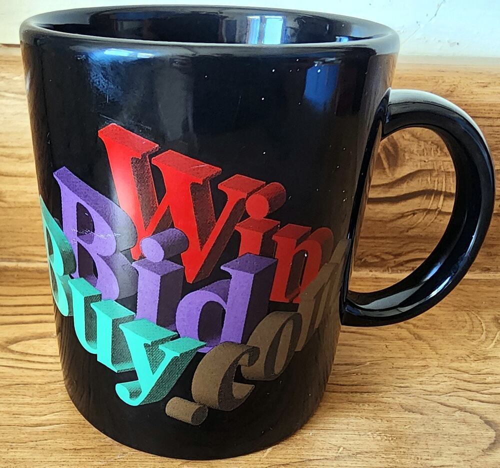 Vintage BuyBidWin Coffee Mug Cup Advertising Black With Multicolor Design
